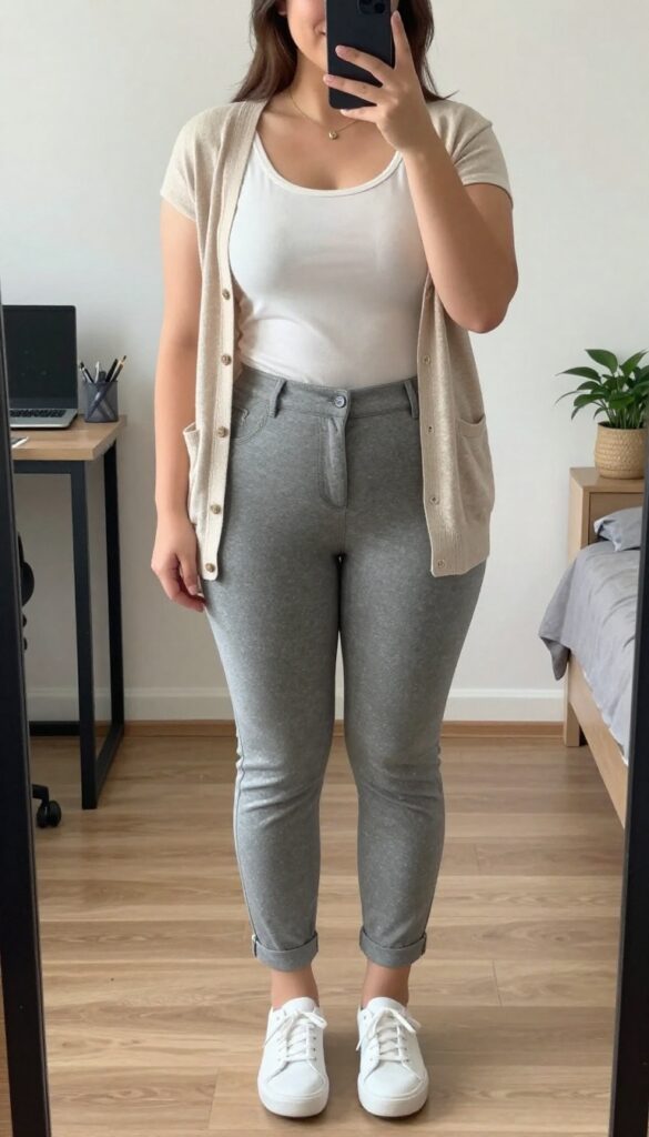 Woman in grey cuffed trousers, graphic tee, and neutral longline cardigan, posing in mirror selfie