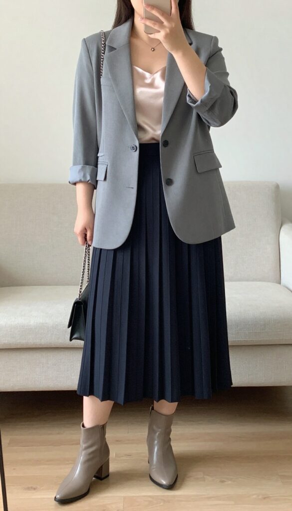 Woman in gray blazer, blush camisole, pleated midi skirt, heeled boots, chain bag