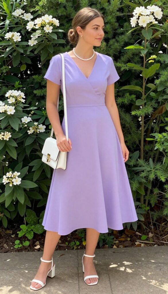 Woman in lavender A-line midi dress with white block heels and crossbody bag in garden