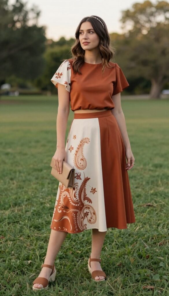 Boho two-piece set outfit: crop top and A-line skirt with paisley print, espadrille wedges, beaded headband, and clutch, worn at sunset on grass.