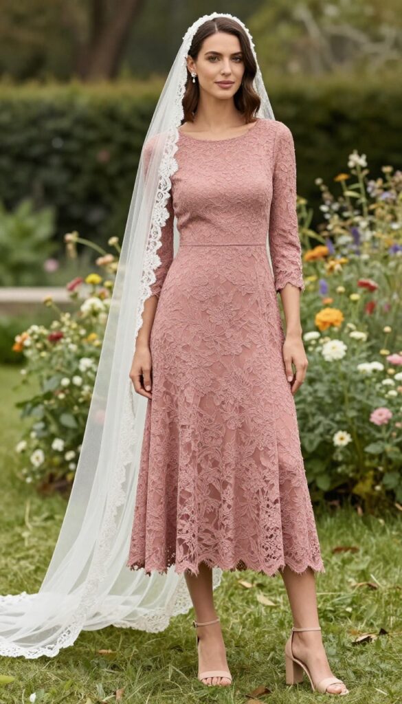 Woman in dusty rose lace A-line dress and cathedral veil standing in sunlit garden