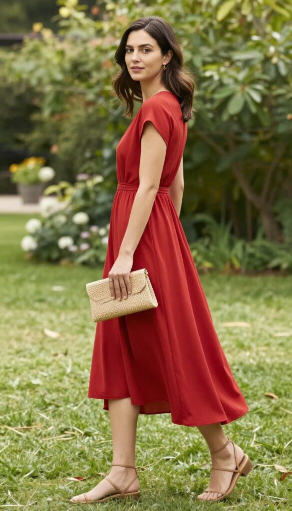 Woman in red high-low hem dress with strappy sandals and woven clutch in garden
