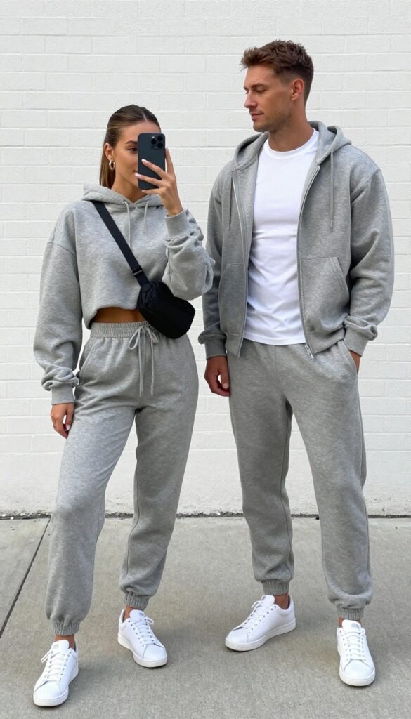 A couple in matching charcoal gray athleisure outfits, standing on a sidewalk. The woman takes a mirror selfie with her phone partially covering her face, while the man stands beside her. Both wear joggers, hoodies, and white sneakers. Bright daylight, urban background.