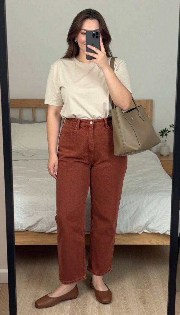 A woman in olive colored denim jeans and a cream top, tucked in, wearing ballet flats and carrying a structured tote bag, with minimal gold jewelry, standing in a bright co-working space.