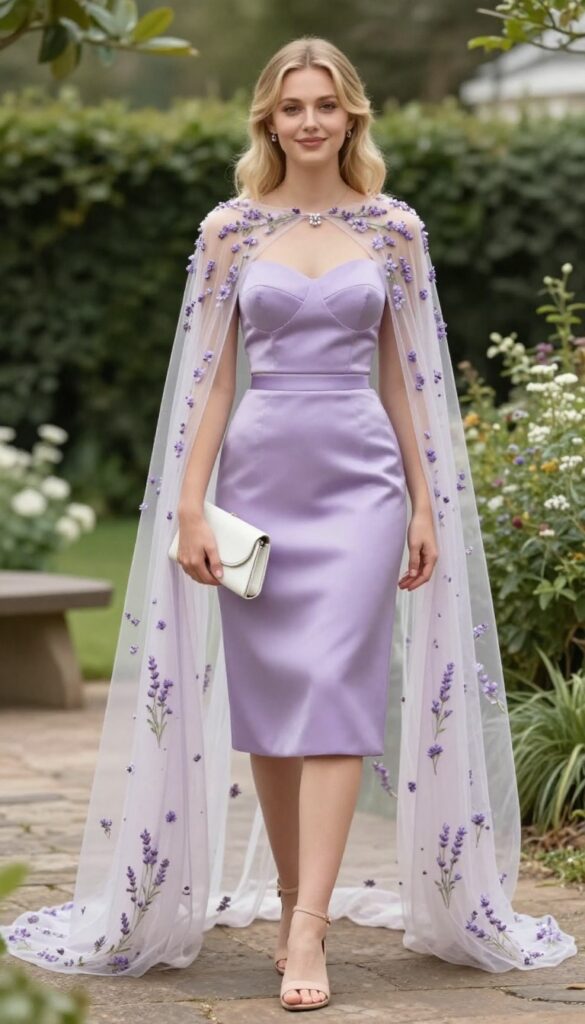 Woman in lilac crop top and high-waisted A-line skirt with sheer floral-embroidered cape, nude block-heel sandals, and white clutch in garden setting.