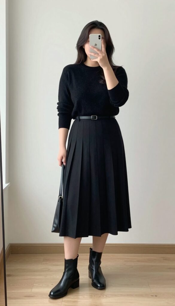 Plus-size woman taking a mirror selfie wearing a black sweater, black pleated midi skirt, belt, ankle boots, and tote bag. Bright natural light, realistic and wearable business casual outfit.