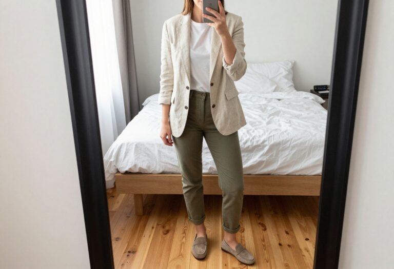 Man in beige linen blazer and olive chinos taking a mirror selfie in bedroom