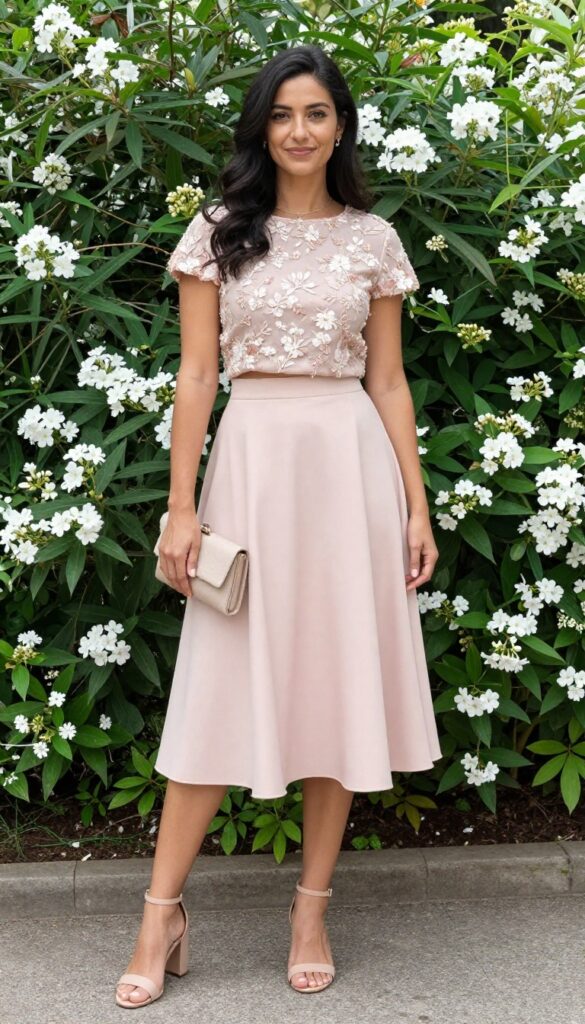 Woman in blush pink embroidered two-piece set with nude sandals and clutch in garden