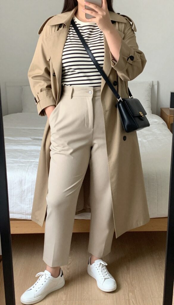 A woman in a striped Breton top and tailored trousers with white sneakers, holding a crossbody bag, standing in a bright office or urban setting.