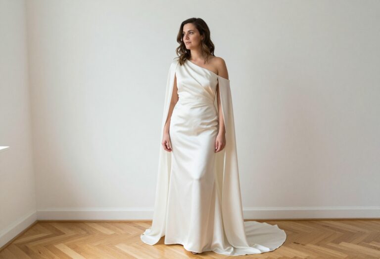 Woman in one shoulder wedding dress with clean cape