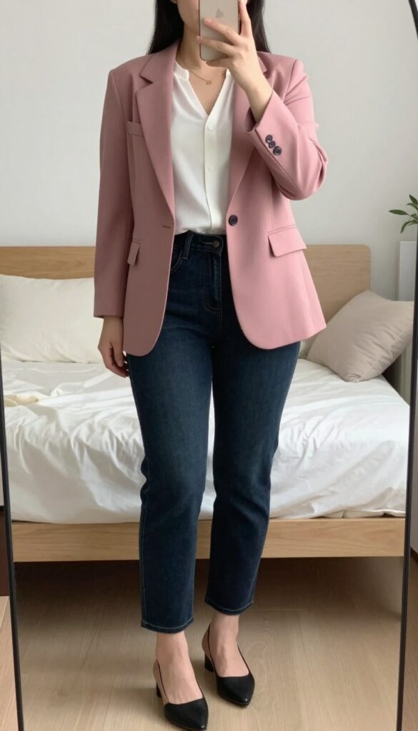 A woman wearing a dusty rose blazer over a white blouse with dark wash jeans, posing in a mirror selfie in a bedroom, partially covering her face with her phone.