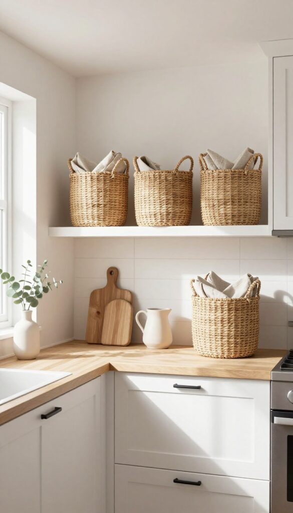 Cozy kitchen with white upper cabinets topped with three woven seagrass baskets holding linens and a ceramic pitcher, natural light, clean countertop, farmhouse style.