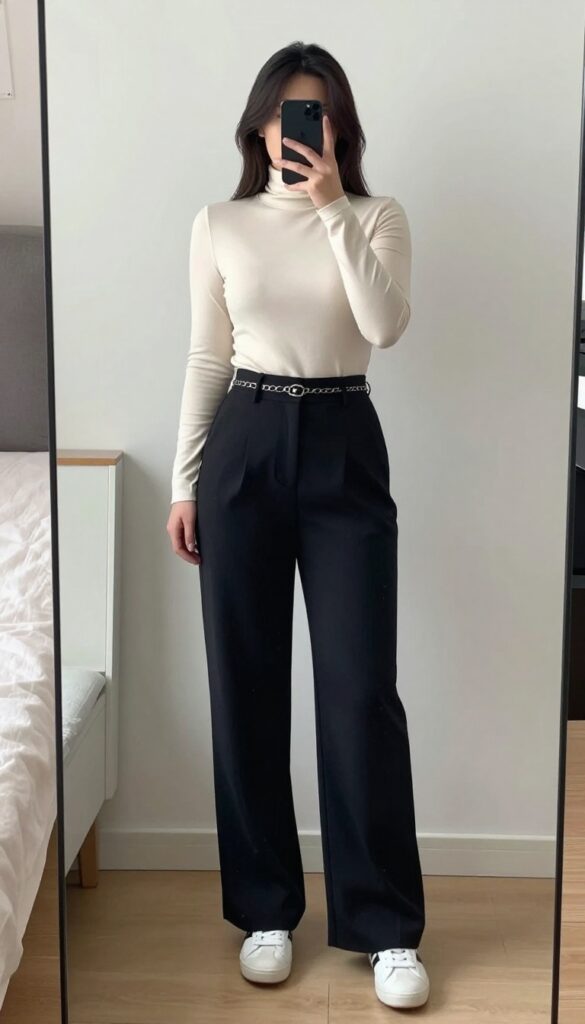 Wide-leg trouser and fitted turtleneck outfit for business casual meeting look.