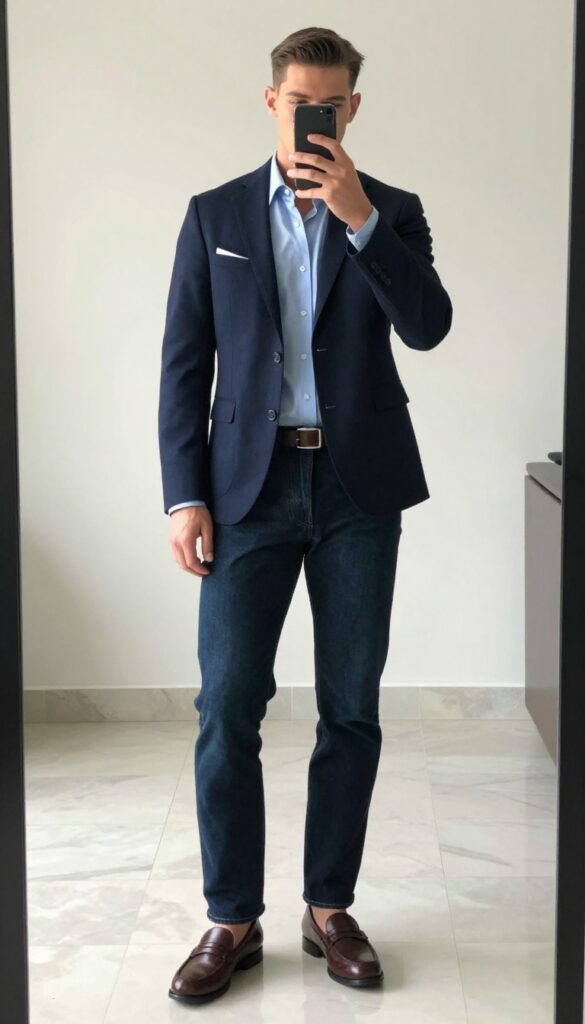 Man in navy blazer and dark jeans taking a mirror selfie in an office lobby, business casual outfit.