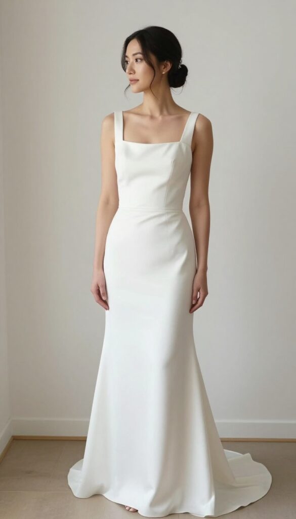 Woman in white square neck wedding dress with low bun and crystal hair clip, bridal suite setting