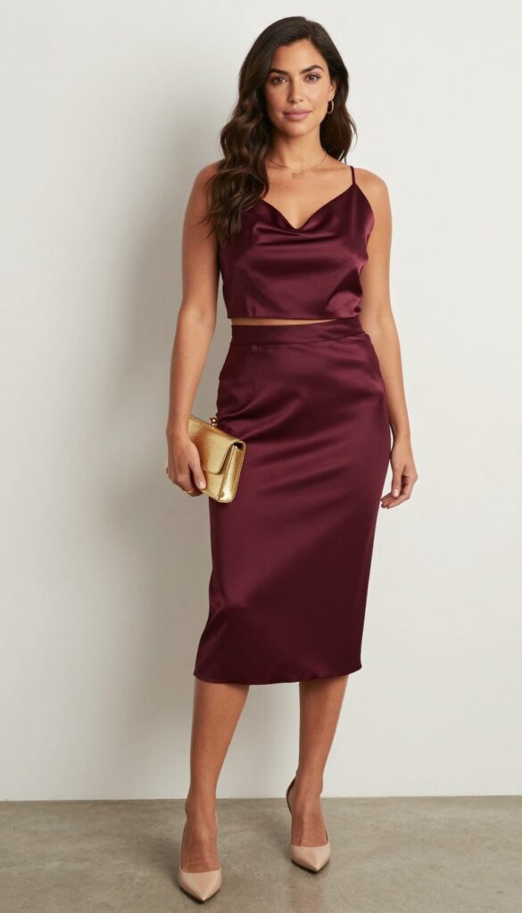 Woman in burgundy satin crop top and full skirt with gold clutch and nude mules at evening wedding reception