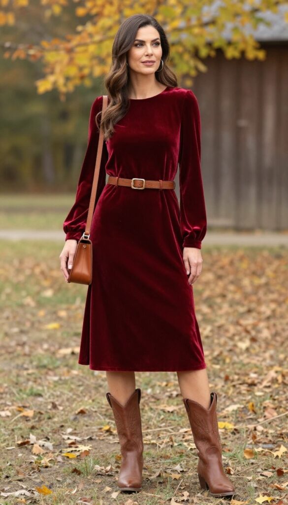 Woman in red velvet midi dress and cowboy boots at rustic barn wedding venue
