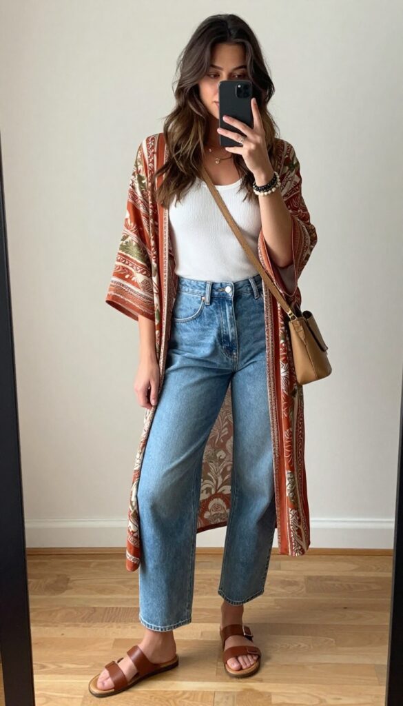 Woman in white tank top, high-waisted jeans, and printed kimono taking a mirror selfie, boho casual outfit.