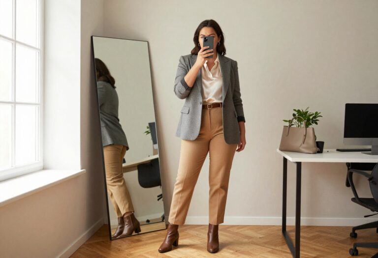 Plus-size woman in a structured blazer and high-waisted trousers taking a mirror selfie in a bright office space, showcasing a polished work outfit.