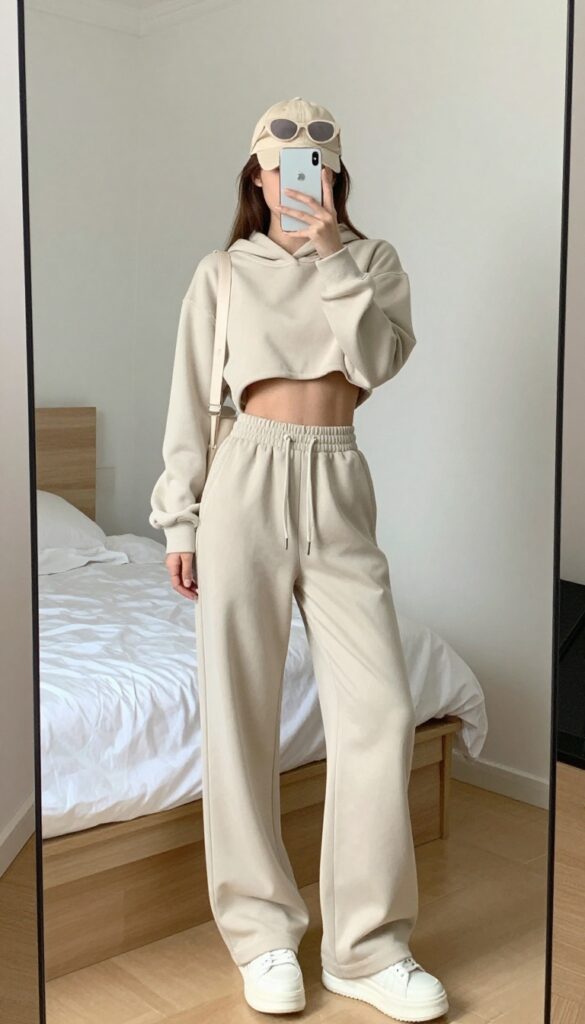 Woman in crop hoodie and wide-leg sweatpants taking a mirror selfie, showcasing a balanced, street-style summer outfit.