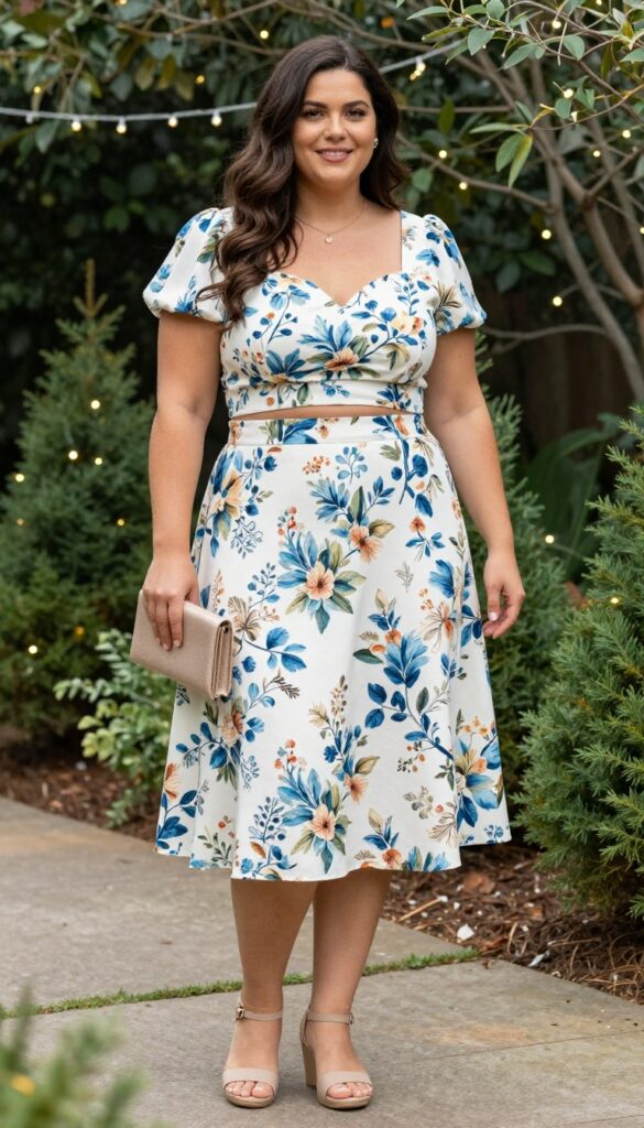 Plus-size woman in floral two-piece crop top and high-waist skirt outfit for wedding guest