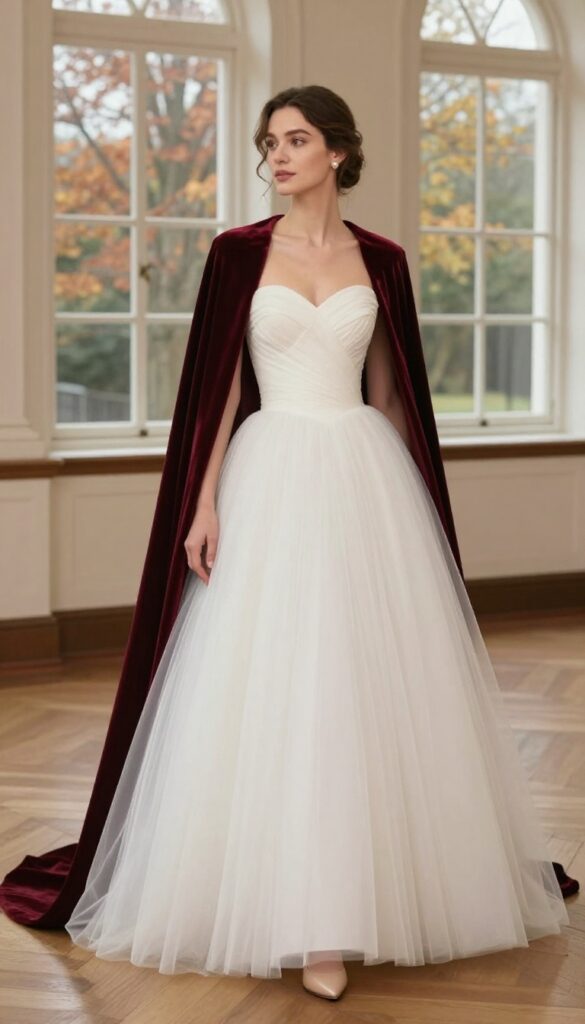 Strapless white ball gown with a flowing burgundy velvet cape, worn by a woman in a ballroom with autumn leaves visible through tall windows.
