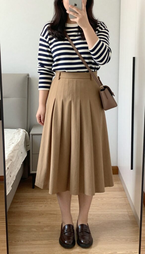 A woman in a navy striped sweater tucked into a camel pleated midi skirt, wearing loafers and a crossbody bag, standing in a campus setting.