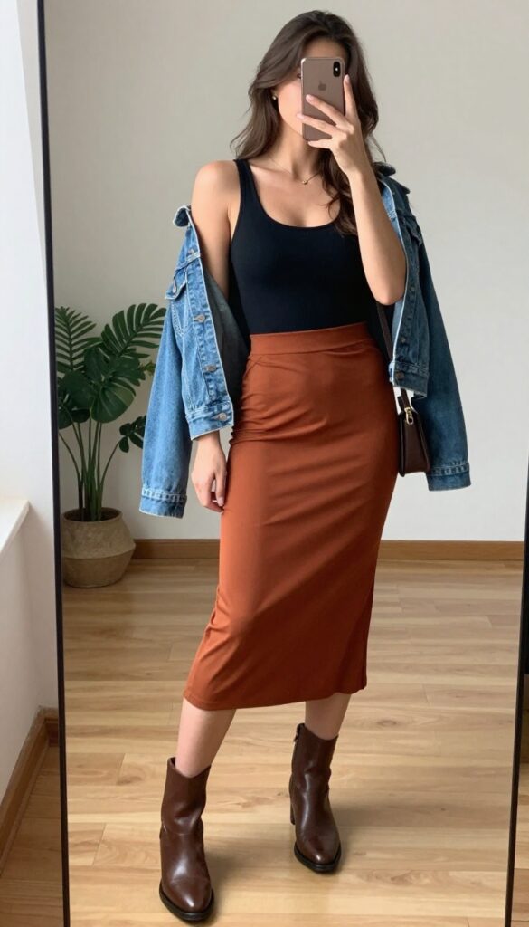 Woman taking mirror selfie wearing fitted black tank top and flowy rust midi skirt with ankle boots and denim jacket tied at waist.