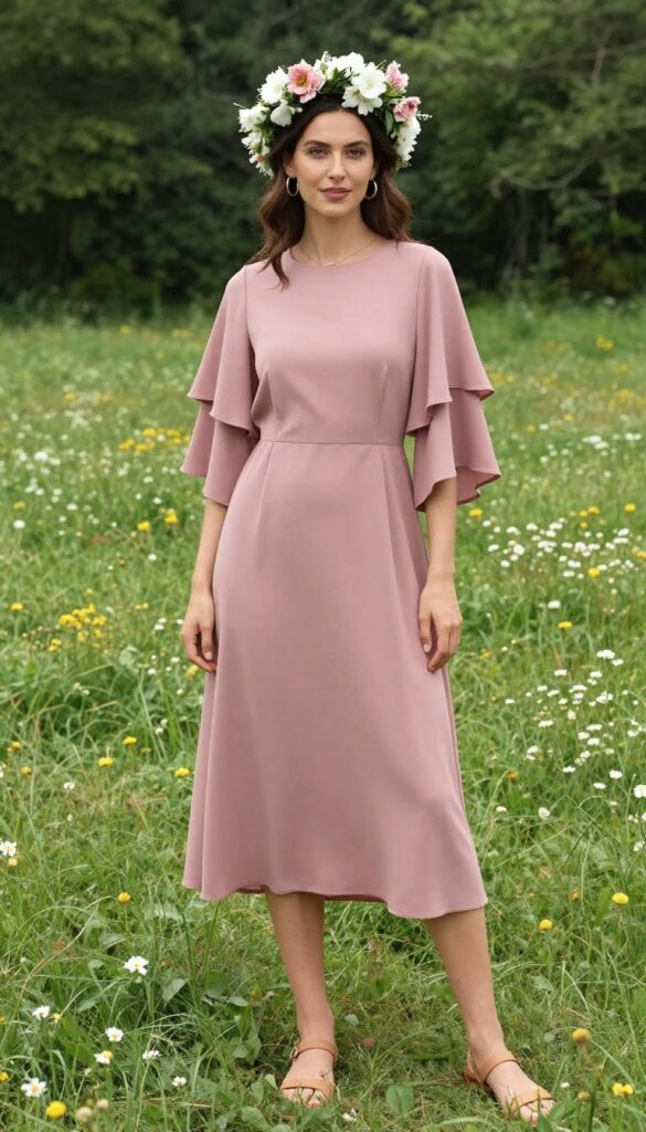 Young woman with long wavy brown hair wearing dusty rose flutter sleeve midi dress and floral crown in sunny meadow
