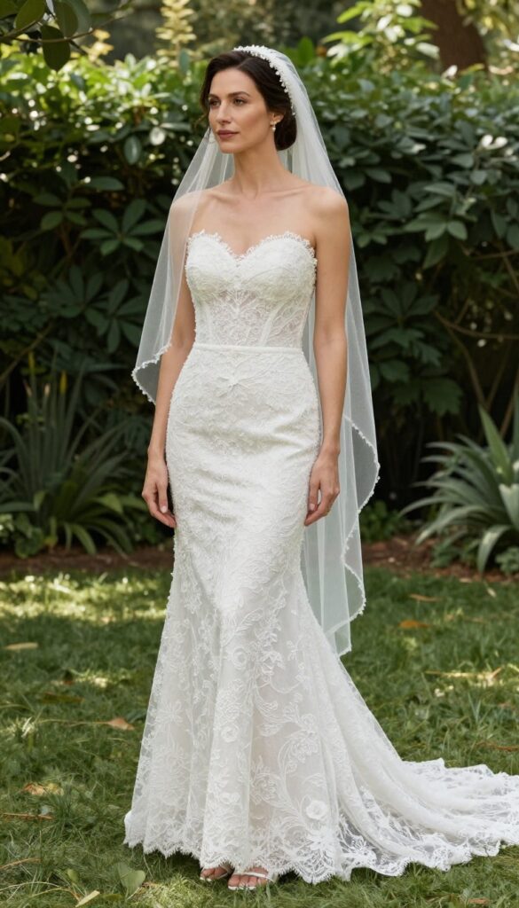 Bride in embellished wedding dress with simple sheer veil in garden
