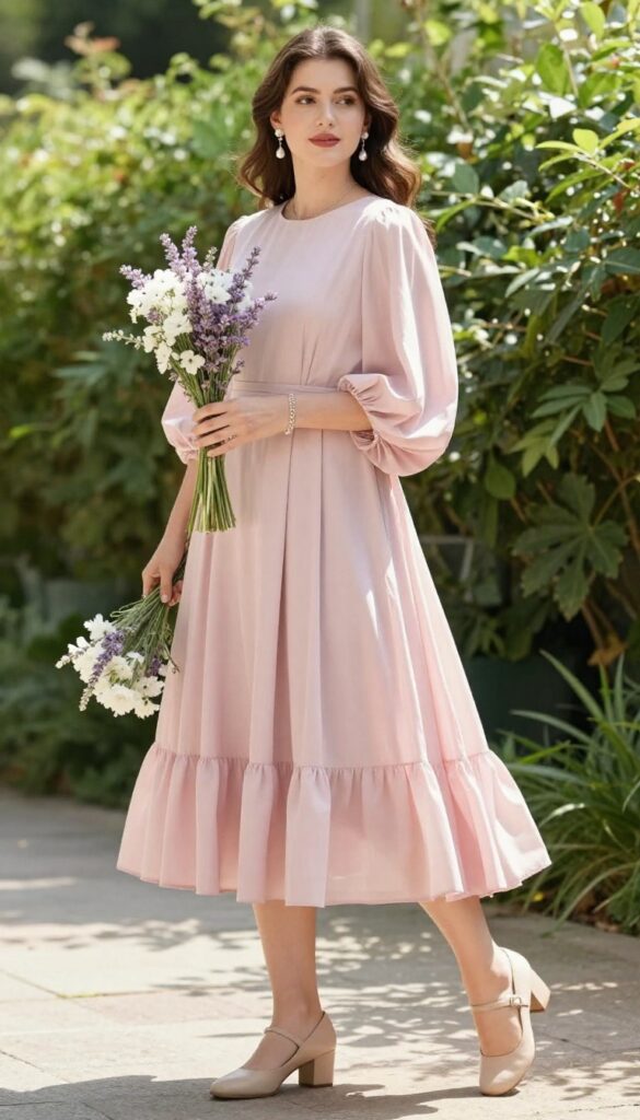Woman in pale pink tea-length dress with lilac lantern sleeves, standing in sunlit garden with bouquet.