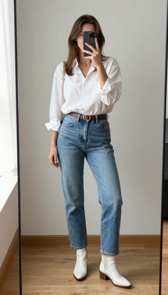 Woman taking a mirror selfie wearing classic denim jeans and a white button-down shirt, tucked loosely with rolled sleeves, paired with a brown belt and ankle boots, in a sunlit room.