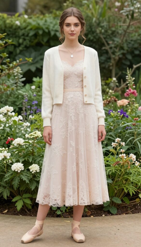 Blush dress with cropped cardigan and ballet flats for a garden wedding
