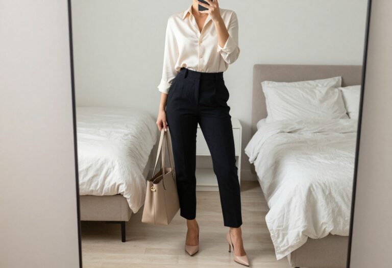 Woman in mirror selfie wearing cream silk blouse and black tailored trousers for dressy business casual outfit idea.