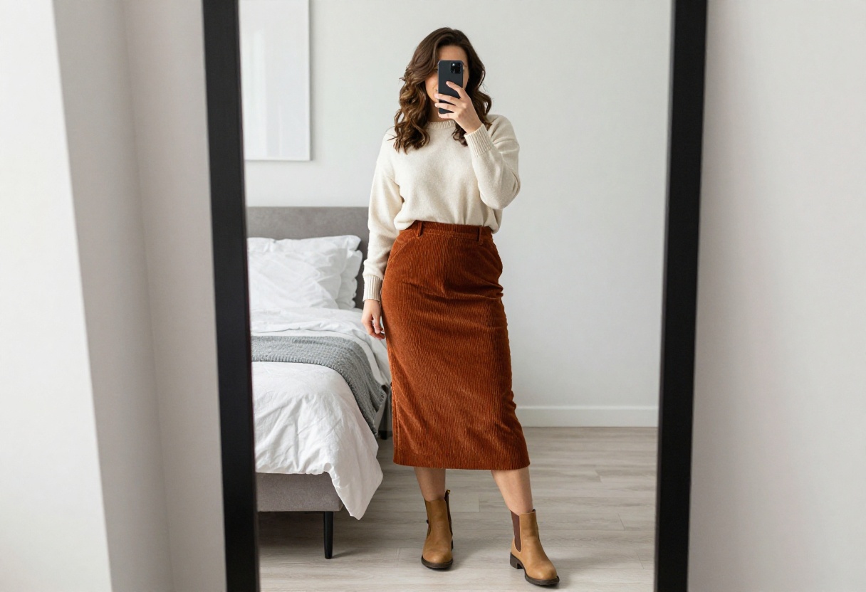 Woman in rust corduroy skirt and ivory sweater taking a mirror selfie in bedroom