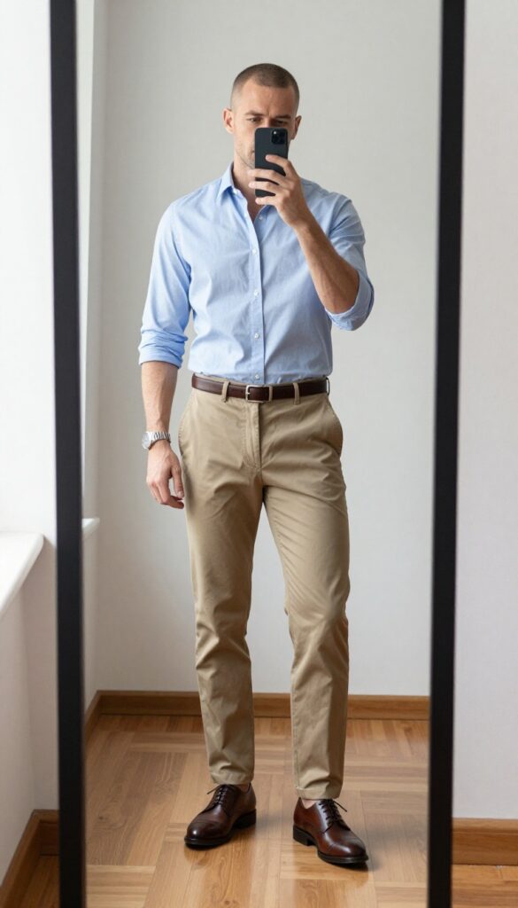 Man in light blue button-down shirt and slim-fit tan khakis taking a mirror selfie, showcasing a business casual outfit for work.