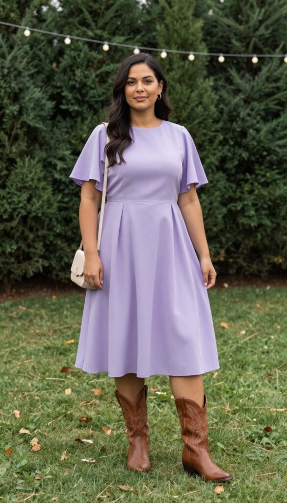 Woman in empire waist dress and cowgirl boots at outdoor wedding