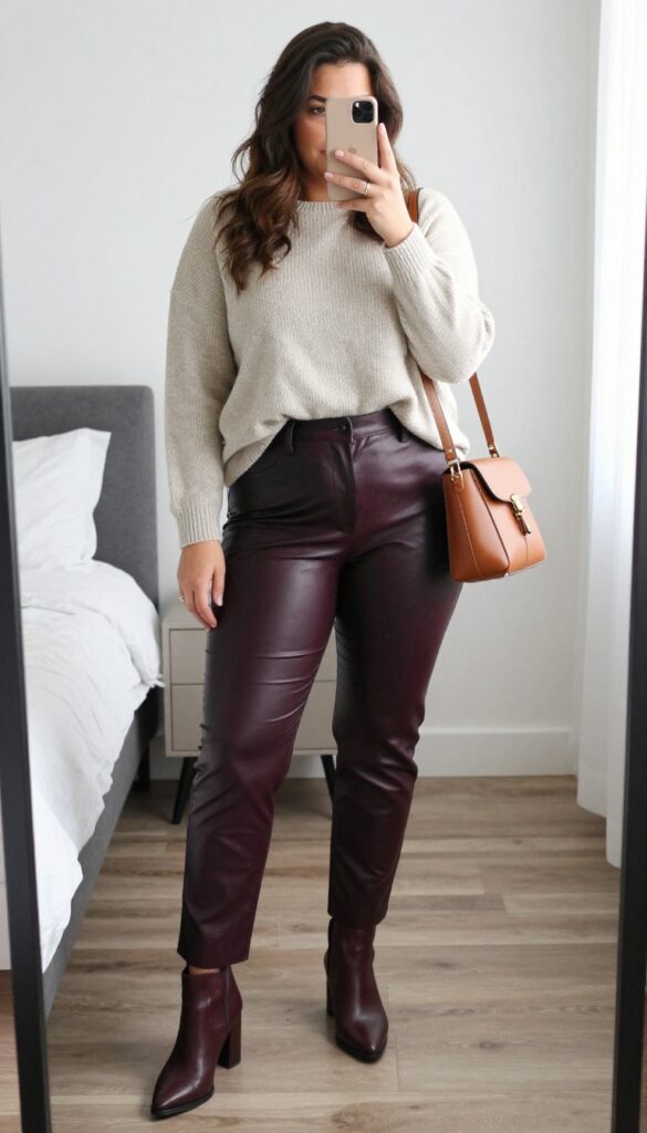 Woman in black leather pants and soft cream sweater, front-tucked, with ankle boots and crossbody bag, standing in a modern office setting.