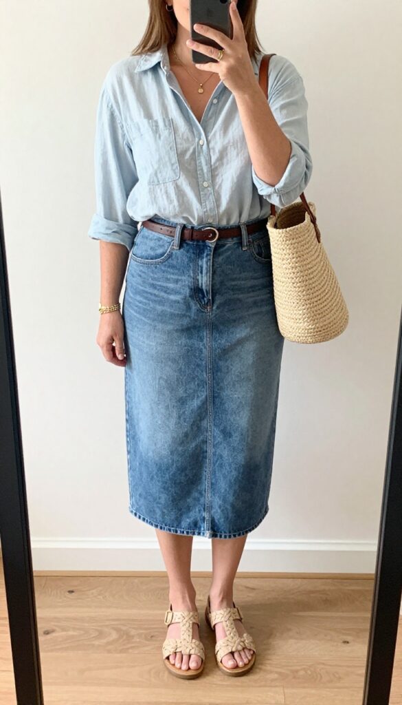 A woman in a light chambray shirt and white denim A-line skirt, with woven sandals and a straw bag, standing in a sunny outdoor café setting.