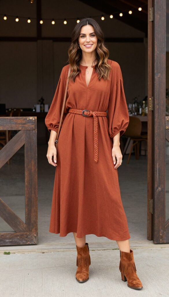 Woman in rust flowy maxi dress with suede fringe boots at barn wedding