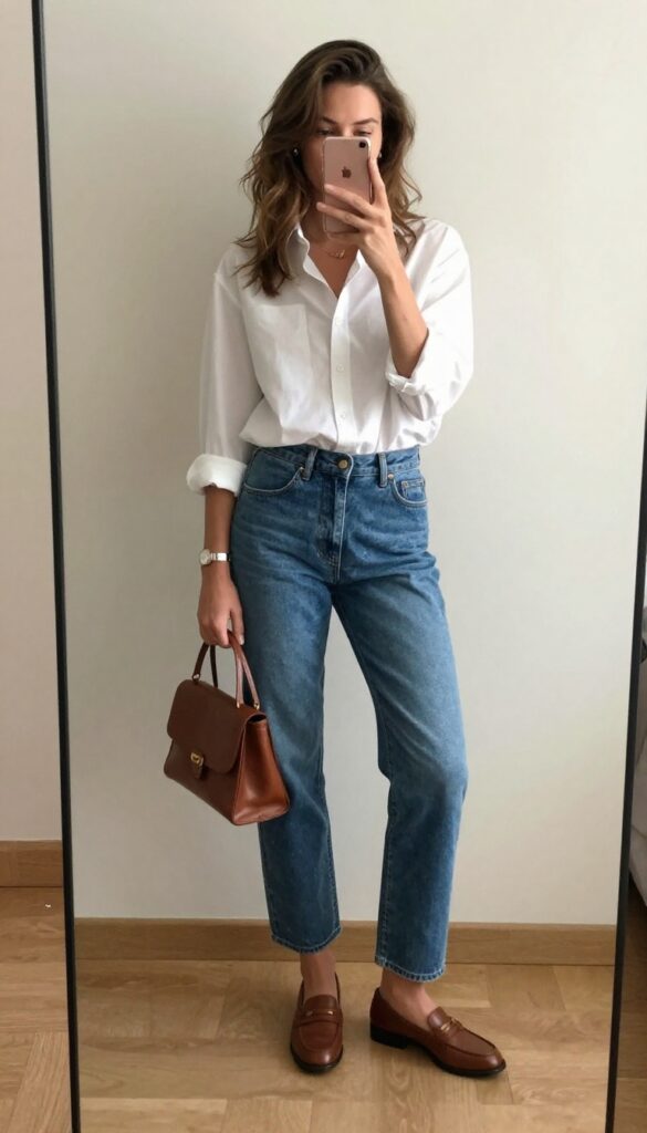 Woman in straight-leg jeans and white button-up shirt taking a mirror selfie, with phone partially covering face, showcasing a casual vintage outfit.