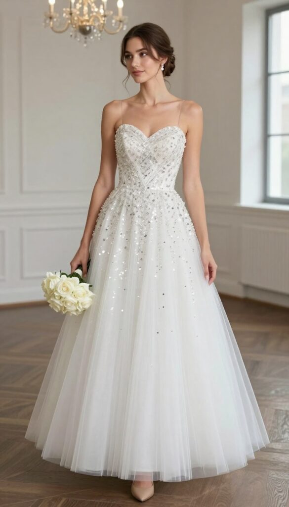 Woman in embellished princess ballgown wedding dress with beading and sequins, standing in ballroom with chandeliers, holding white rose bouquet.