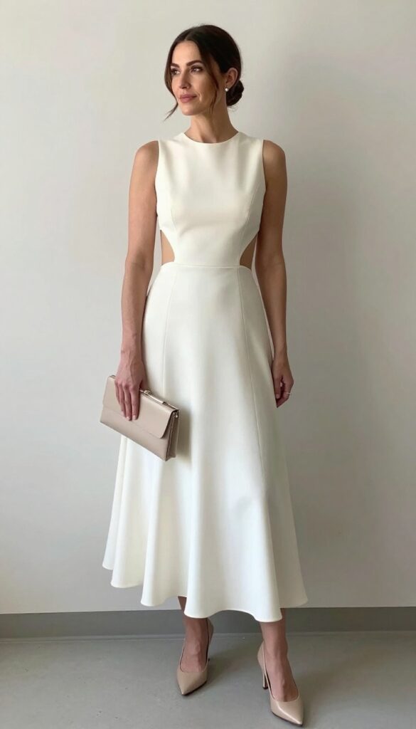 A woman in a modern minimalist column wedding dress with high neckline and low back, standing in a bright city hall lobby with marble floors and large windows, holding a structured clutch and wearing nude pumps, natural lighting.
