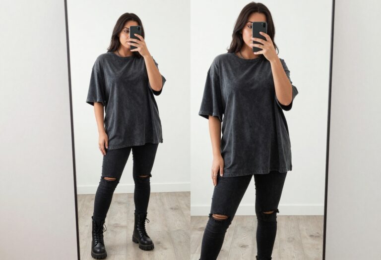 Plus-size woman in oversized band tee and ripped black jeans taking a mirror selfie, grunge outfit with edge.