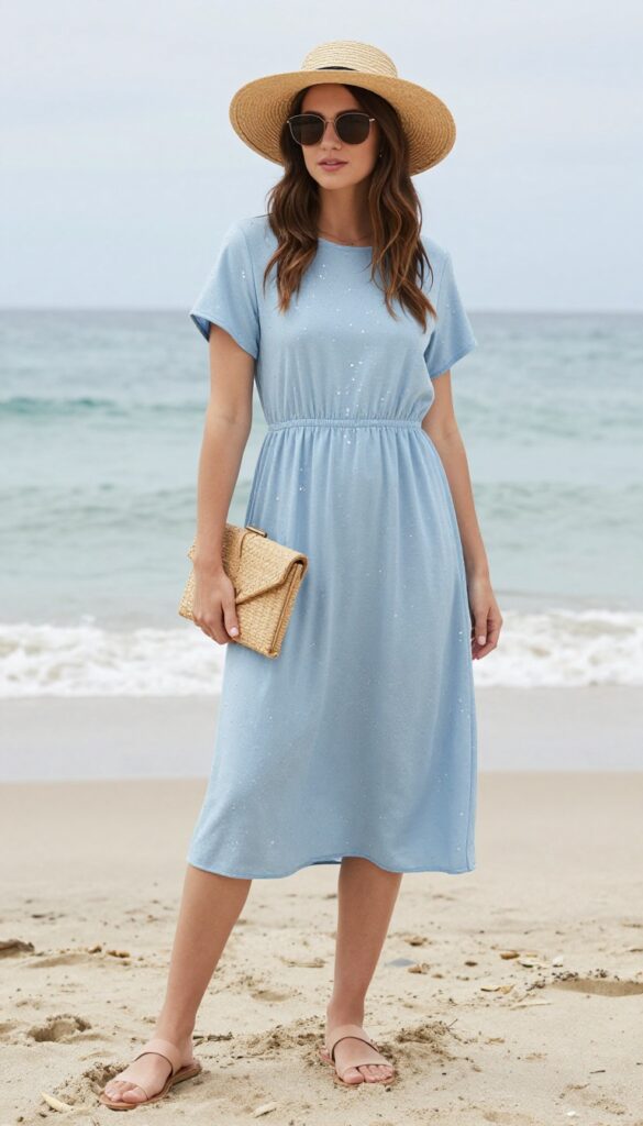 A woman in a sparkly A-line dress and flat sandals on a beach, wearing a straw hat and sunglasses.