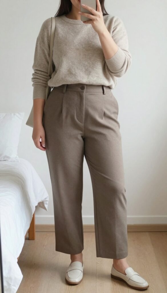 Woman in soft knit sweater and tailored wide-leg trousers, mirror selfie in bedroom