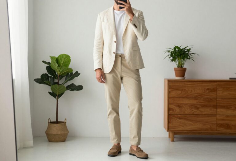 Man in cream linen blazer and beige chinos taking a mirror selfie in a bright bedroom