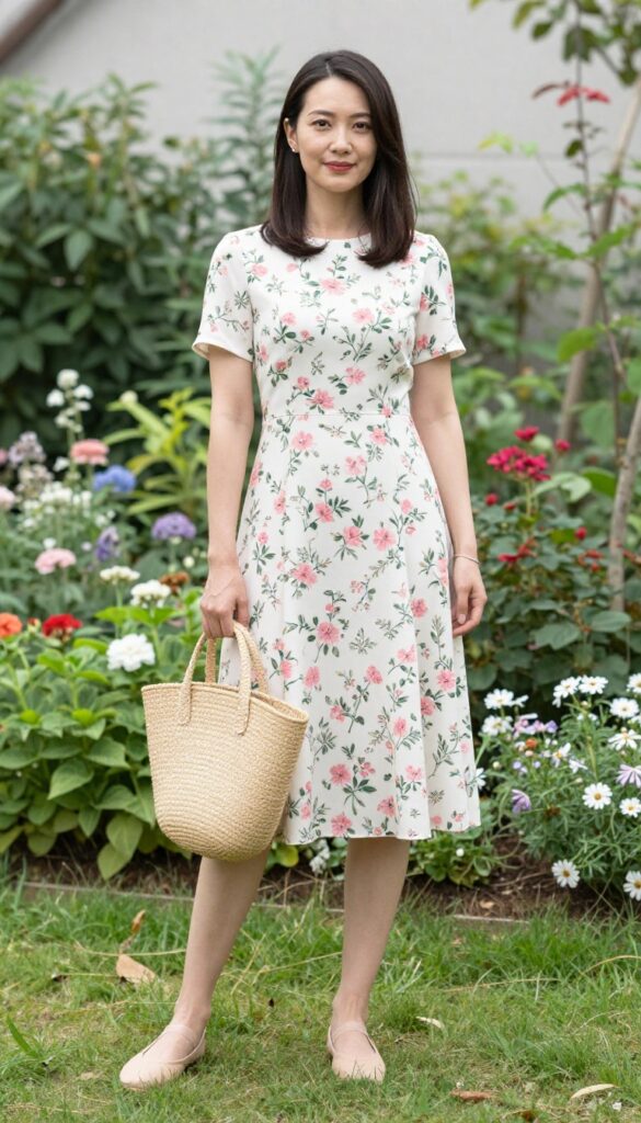 Young adult woman with light brown hair wearing a floral fit-and-flare dress, nude ballet flats, and carrying a straw tote bag in a sunny garden.