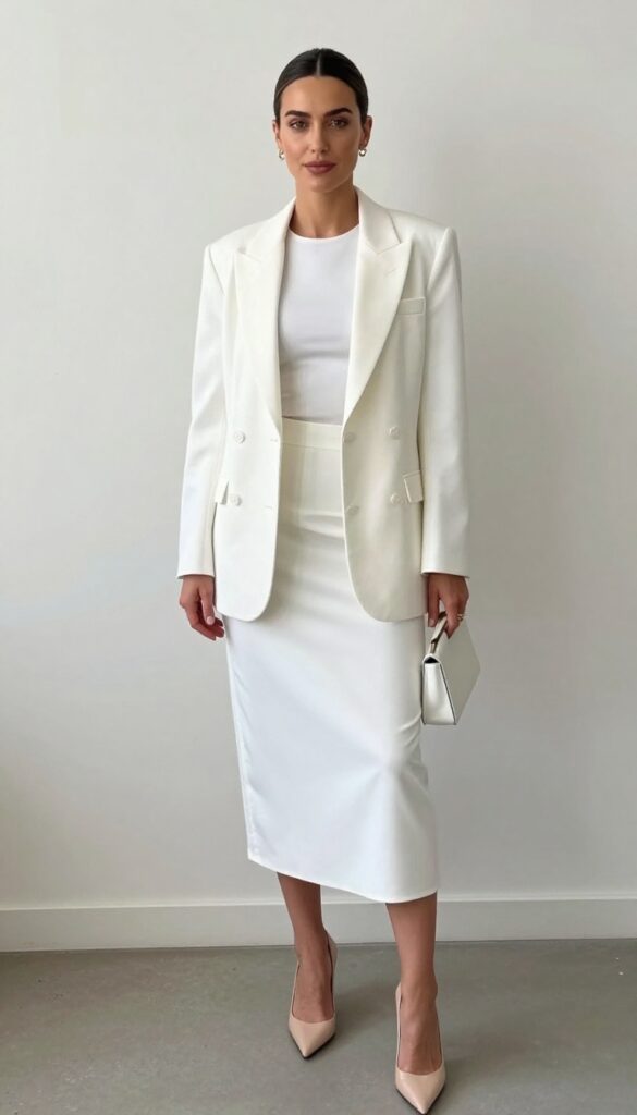 Woman in white corset and matching blazer with A-line skirt, monochrome wedding reception outfit