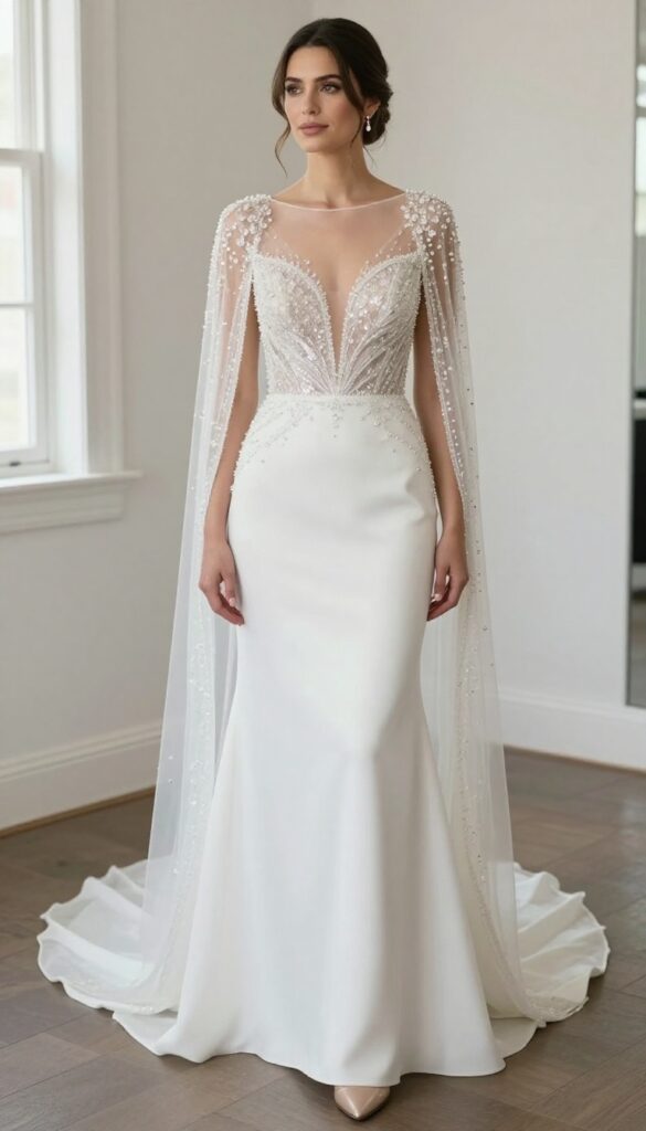 Adult woman in sheer crystal bodice wedding dress with crystal-embroidered cape, standing in softly lit ballroom, holding bouquet, elegant wedding look.